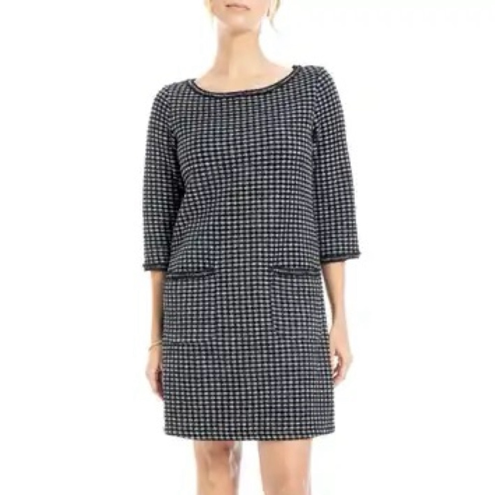 Max Studio Double Knit Tweed Bateau Neck Shift Dress in Navy Blue